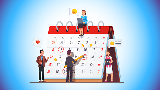 Business team working together planning scheduling week & month operations agenda making employee assignments on big spring desk calendar. Drawing day mark on planner meeting. Flat style vector isolated illustration