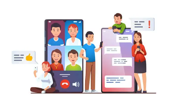 Vector illustration of Modern mobile communication concept. Video group conference call and messaging apps on phone screens next to people using cellphones texting and talking online. Flat vector illustration