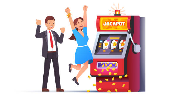 Slot machine jackpot win. Lucky man & woman couple celebrating jumping happy winning money coins with all sevens spin combination on fruit one-armed bandit. Flat vector illustration Slot machine jackpot win. Lucky man & woman couple celebrating jumping happy winning money coins with all sevens spin combination on fruit one-armed bandit. Flat style vector winner character illustration business risk stock illustrations