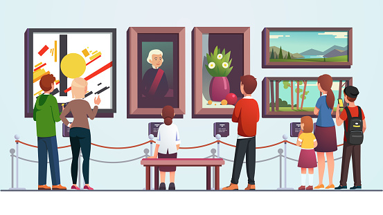 Art gallery visitors people man, woman, kid, couple and family looking at painting artwork pieces while sitting, walking and standing at museum artwork. Flat style vector character isolated illustration