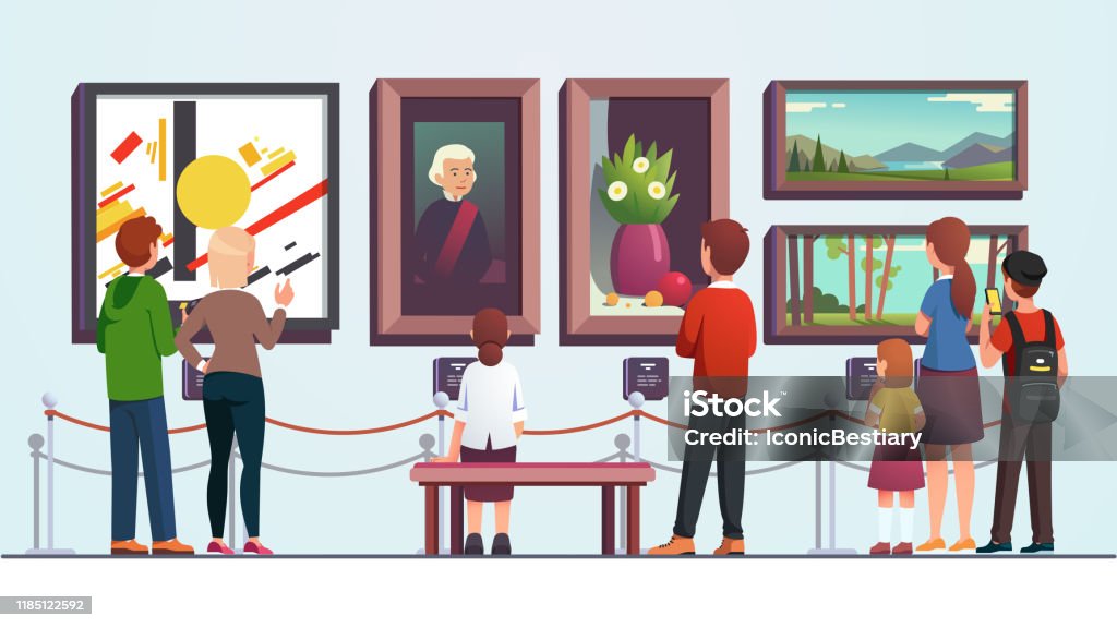 Art Gallery Visitors People Man Woman Kid Couple And Family Looking At  Painting Artwork Pieces While Sitting Walking And Standing At Museum Artwork  Flat Vector Illustration Stock Illustration - Download Image Now -