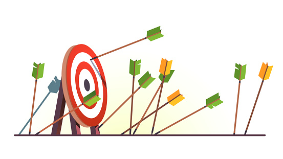 Many arrows missed hitting target mark. Shot miss. Multiple failed inaccurate attempts to hit archery target. Business challenge failure metaphor. Flat style cartoon isolated vector object illustration