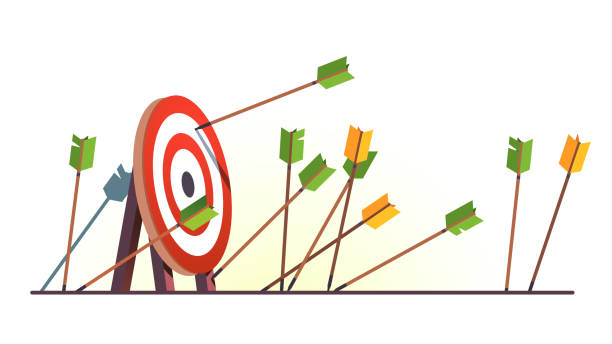 Many arrows missed hitting target mark. Shot miss. Multiple failed inaccurate attempts to hit archery target. Business challenge failure metaphor. Flat vector illustration Many arrows missed hitting target mark. Shot miss. Multiple failed inaccurate attempts to hit archery target. Business challenge failure metaphor. Flat style cartoon isolated vector object illustration arrow bow and arrow illustrations stock illustrations