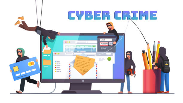 hacker und cyberkriminelle phishing stehlen private persönliche daten, anmeldeinformationen, passwort, bankdokument e-mail und kreditkarte. kleiner anonymer hacker-mann greift computer an. flache vektor-illustration - klaue stock-grafiken, -clipart, -cartoons und -symbole