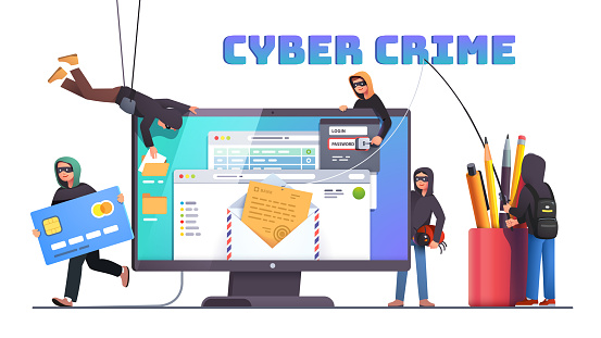 Hackers and cyber criminals phishing stealing private personal data, credentials, password, bank document email and credit card. Small anonymous hacker man attacking computer. Flat style vector isolated illustration