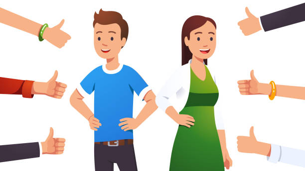 ilustrações de stock, clip art, desenhos animados e ícones de happy smiling cheerful couple man & woman surrounded by thumbs up gesturing hands. social approval, positive feedback and acceptance success concept. flat vector illustration - congratulating winning agreement thumbs up