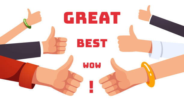 ilustrações de stock, clip art, desenhos animados e ícones de many thumbs up gesturing hands. approval, positive feedback, appreciation and acceptance concept. like gesture. flat vector illustration - congratulating winning agreement thumbs up