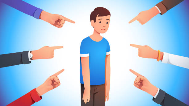 Sad, depressed, ashamed man surrounded by hands pointing him out with fingers. Harassment shame victim. Social disapproval blame and accusation concept. Flat vector illustration Sad, depressed, ashamed man surrounded by hands pointing him out with fingers. Harassment shame victim. Social disapproval blame and accusation concept. Flat style vector character isolated illustration sheepish look stock illustrations