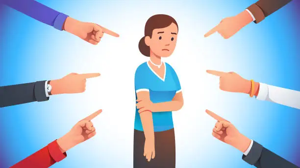 Vector illustration of Sad, depressed, ashamed woman surrounded by hands pointing her out with fingers. Harassment shame victim. Social disapproval blame and accusation concept. Flat vector illustration