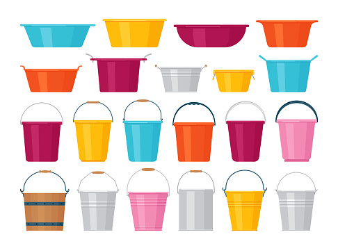 Basin, bucket icons. Plastic, metal, wooden washbowl and pails isolated. Vector. Set water containers for laundry on white background. Flat design.  Colorful cartoon illustration.