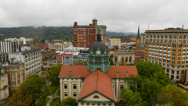 Aerial View Cloudy Overcast Day Downtown Urban Core Binghamton New York Rain clouds darken the landscape in upstate New York at Binghamton binghamton ny stock pictures, royalty-free photos & images