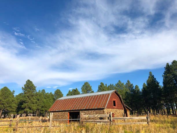 Historic Stone Barn Flagstaff, Arizona, USA - September 7, 2019: The historic stone barn at McAllister Ranch is on West Route 66 in Flagstaff, Arizona, USA.  The ranch has been converted for use as the city's Public Works Department. jeff goulden agriculture stock pictures, royalty-free photos & images