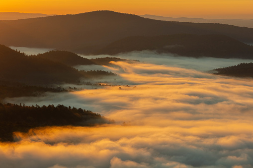 Morning Fog at Sunrise Fills a Valley in Vermont's Green Mountains