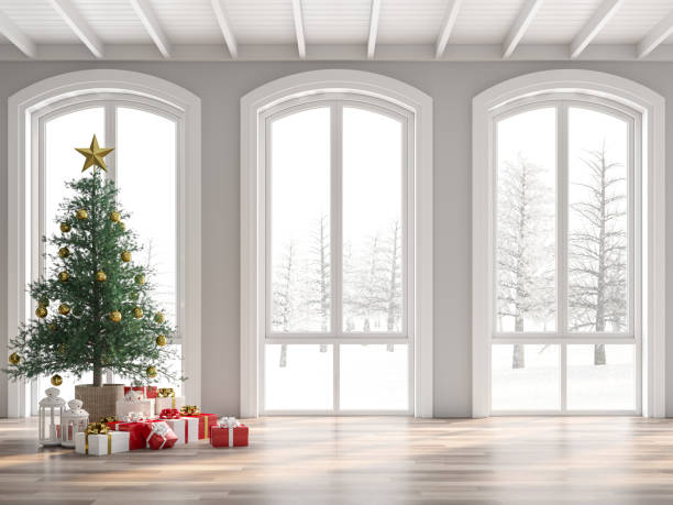 classica decorazione stanza vuota con albero di natale 3d rendering - window snow christmas decoration foto e immagini stock
