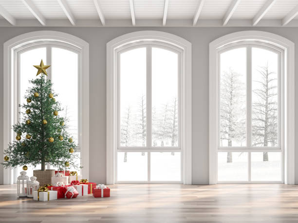 Classical empty room decorate with christmas tree 3d render stock photo