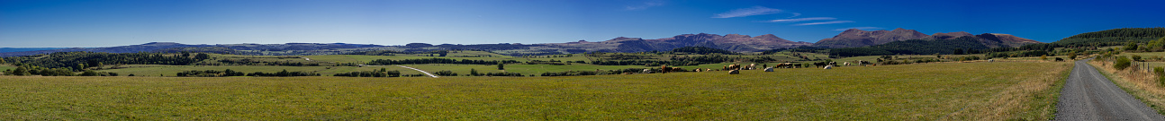 panoramic view of the Puys du Sancy range in Auvergne, France