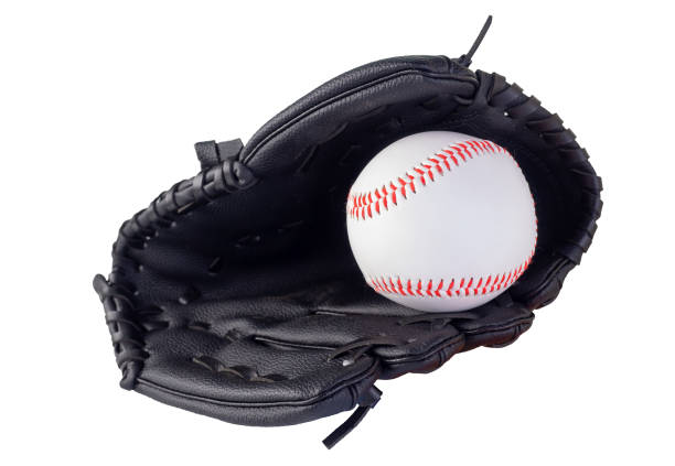 baseball in a glove on white background. (clipping path) - seam heap sport horizontal imagens e fotografias de stock