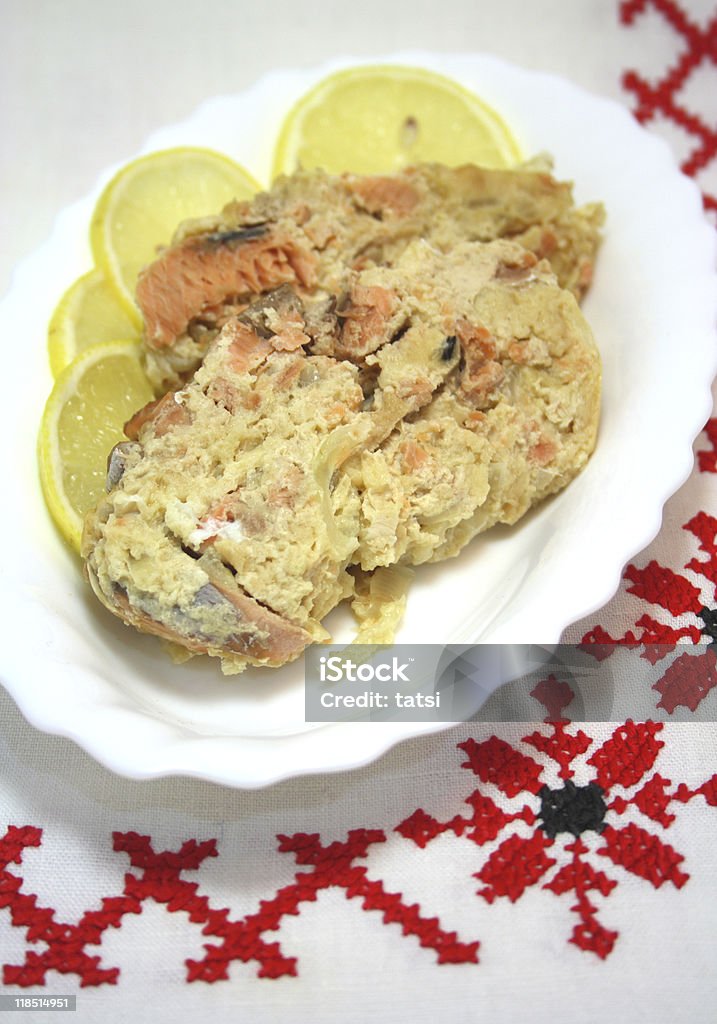 Salmon casserole on plate  Baked Stock Photo