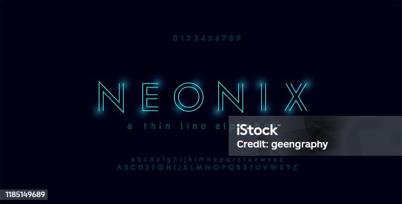 istock Abstract urban thin line font alphabet. Minimal modern neon fonts and numbers. Typography typeface uppercase lowercase and number. vector illustration 1185149689