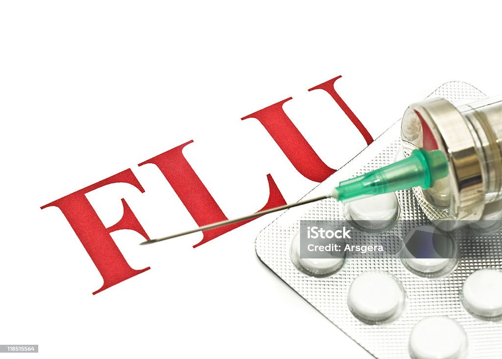 Świńskiej grypy H1N1-Zbliżenie pigułek i strzykawka - Zbiór zdjęć royalty-free (Abstrakcja)