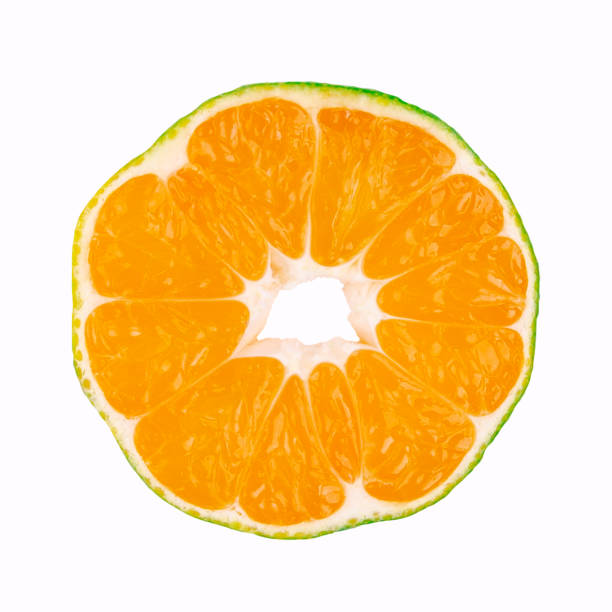 Green raw tangerine on white background with shadow. Design concept. Selective focus.