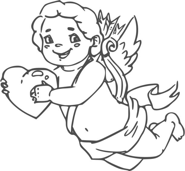 amur nackter engel mit herz in den händen - angel cherub heart shape smiling stock-grafiken, -clipart, -cartoons und -symbole