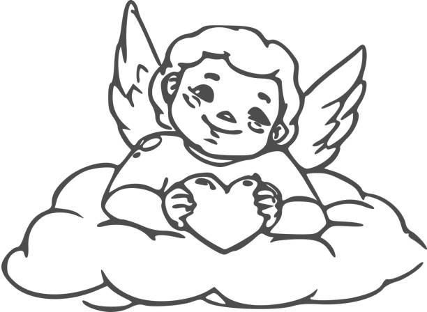 Amur with heart on cloud isolated Romantic Cupid with heart in hands isolated on cloud. Vector winged Amur, symbol of love winged cherub stock illustrations