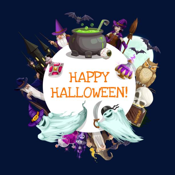 ilustraciones, imágenes clip art, dibujos animados e iconos de stock de bruja de halloween y magos con fantasmas, murciélagos, búho - halloween witch frame wizard