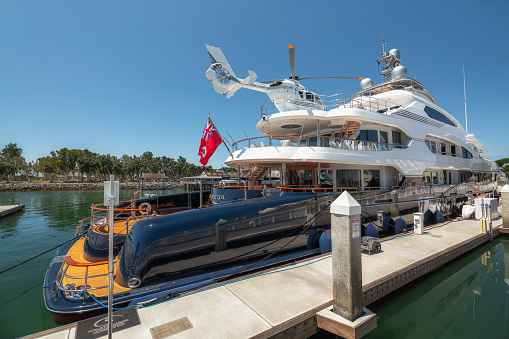 The Luxury Mega Yacht Attessa Docked in San Diego Marina Harbor. A 332-foot Megayacht Equipped with its own Helicopter. Close Up View from Fifth Avenue Landing, located between the Convention Center and the San Diego Bay.  SAN DIEGO/USA - AUGUST 11, 2019