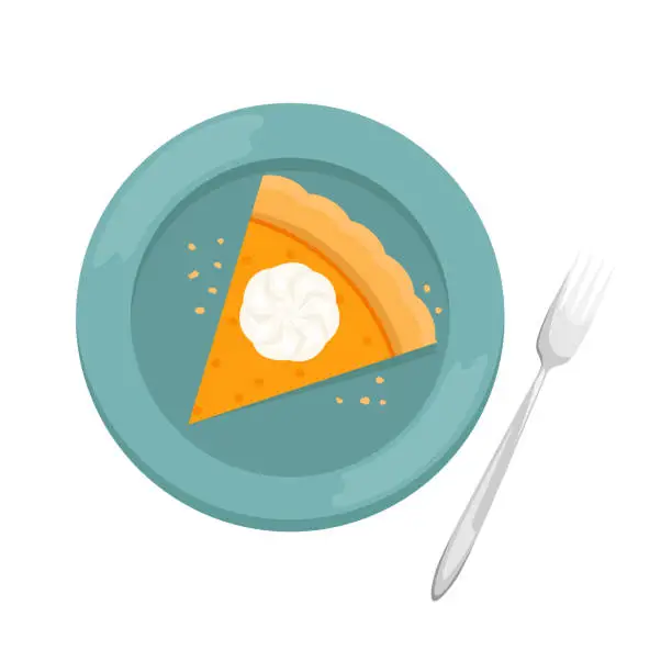 Vector illustration of A piece of Christmas pumpkin pie with whipped cream. Flat lay.