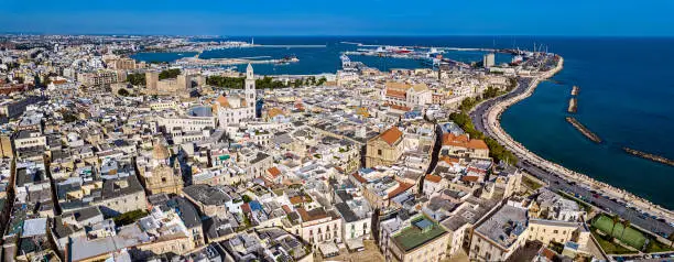 Aerial view of Bari old town and port area, Puglia Italy