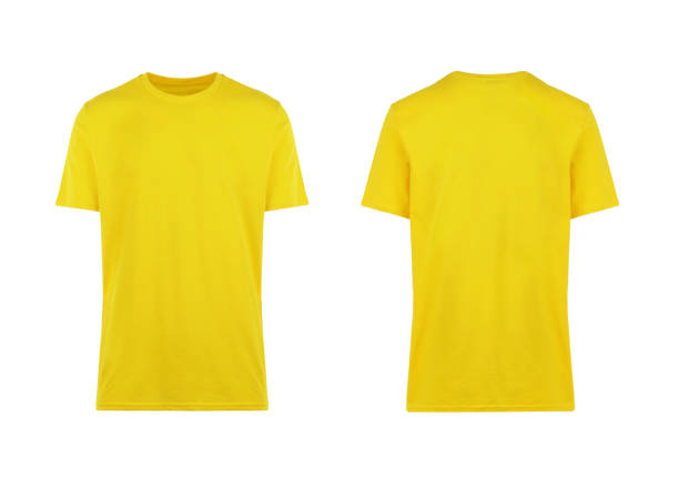 yellow t-shirt, front and back view yellow t-shirt, front and back view, clothes on isolated white background yellow stock pictures, royalty-free photos & images