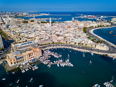 Aerial view of downtown Bari with old town and port area, Puglia, Italy