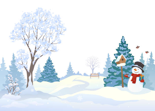 ilustraciones, imágenes clip art, dibujos animados e iconos de stock de parque nevado y hombre de nieve - birdhouse wood isolated white background