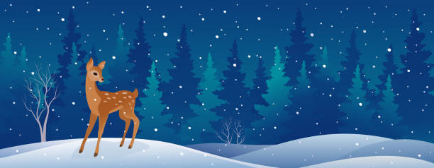 Winter deer banner Vector cartoon illustration of a snowy winter forest with a cute young deer, panoramic banner background of a doe deer stock illustrations