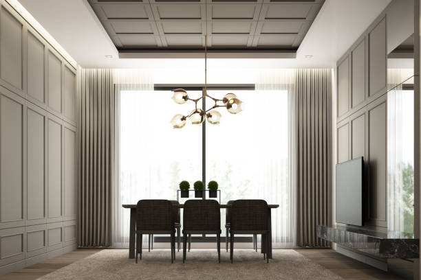 istock Interiors image scene design of Modern luxury dining area with classical element detail wall decoration and furniture set. 3d rendering 1185172095