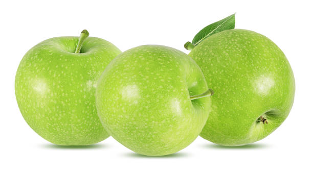 istock Green apples with leaf isolated on white background with clipping path 1185172287