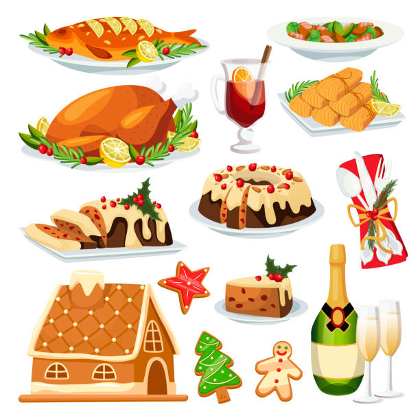 Christmas or New Year holiday menu design elements. Vector flat cartoon illustration. Traditional holiday home made meal Christmas and New Year holiday menu design elements. Vector flat cartoon illustration. Traditional holiday home made meal. Roasted turkey, gingerbread, stollen cake and champagne. gingerbread house cartoon stock illustrations