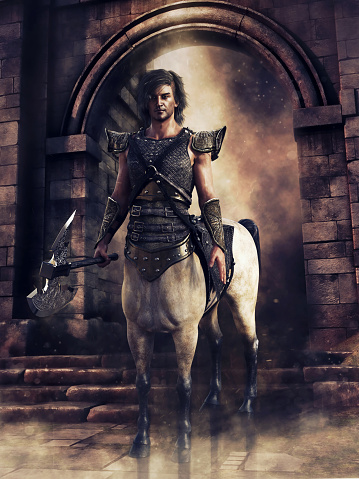 Guerrero centauro frente a la puerta de un castillo photo