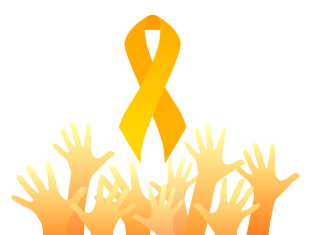 Childhood cancer. Yellow hands up and gold ribbon. Children cancer awareness. Symbol of hope and unity. Vector element Childhood cancer. Yellow hands up and gold ribbon. Children cancer awareness. Symbol of hope and unity. Vector element for card, banner, articles and your design. bow hair bow ribbon gold stock illustrations