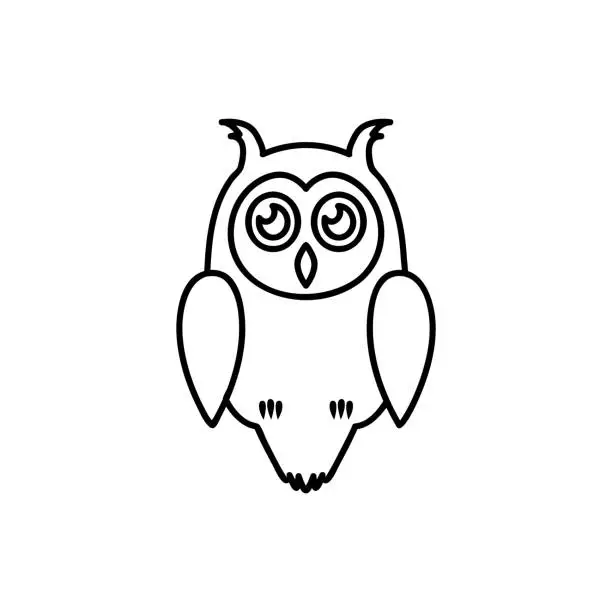 Vector illustration of Vector owl. Cute owl cartoon character made in line art style. Black simple vector icon. Symbol, logo illustration. Pixel perfect