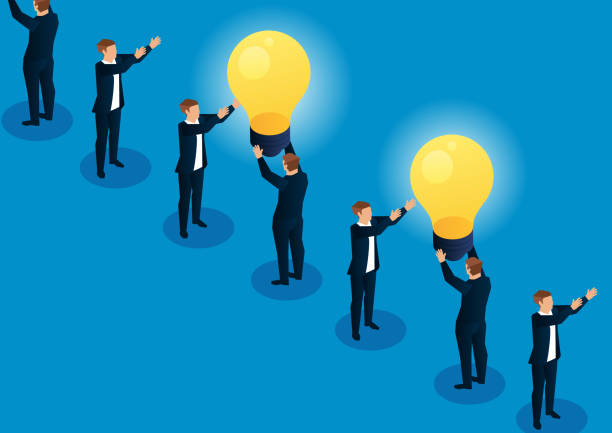 illustrazioni stock, clip art, cartoni animati e icone di tendenza di trasmissione di lampadine tra commercianti - light bulb businessman inspiration ideas