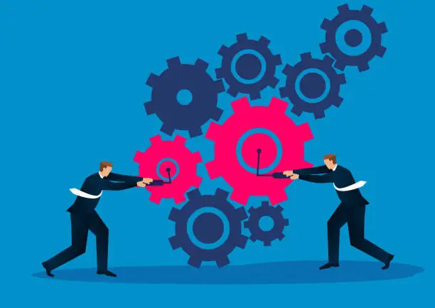 Vector illustration of Two businessmen work together to make the gears work