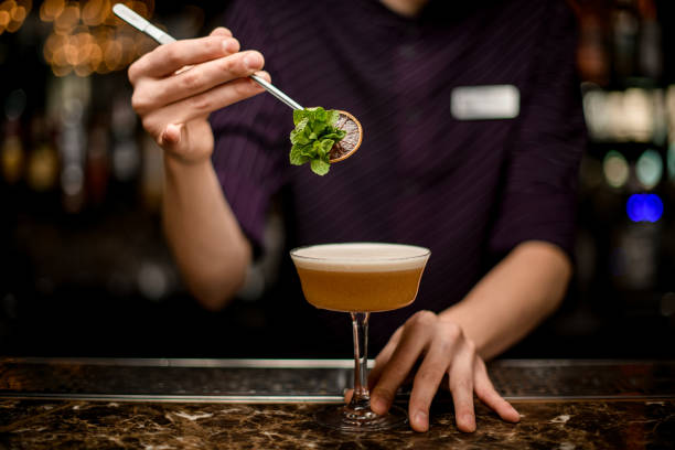 istock Professional bartender decorating a delicious alcoholic cocktail in the glass with a green mint branch and dried orange 1185184877