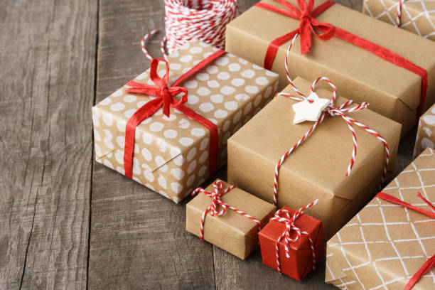 istock Gift boxes decorated with red ribbon and twine. Copy space. 1185184902