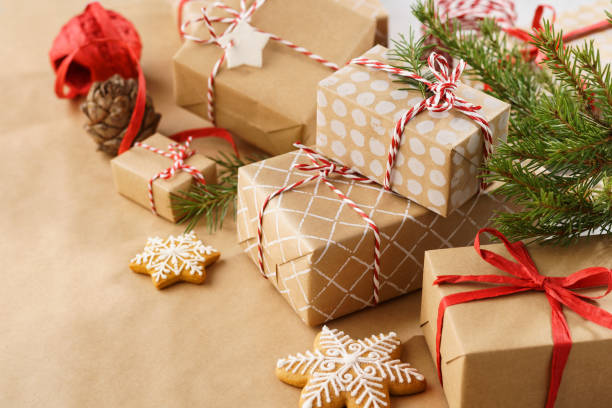 istock Stack of handcrafted gift boxes and decoration for Christmas. 1185186046
