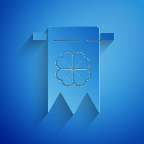 Paper cut Four leaf clover icon isolated on blue background. Party pennant for birthday celebration, festival. Happy Saint Patrick day. Paper art style. Vector Illustration Paper cut Four leaf clover icon isolated on blue background. Party pennant for birthday celebration, festival. Happy Saint Patrick day. Paper art style. Vector Illustration irish birthday blessing stock illustrations