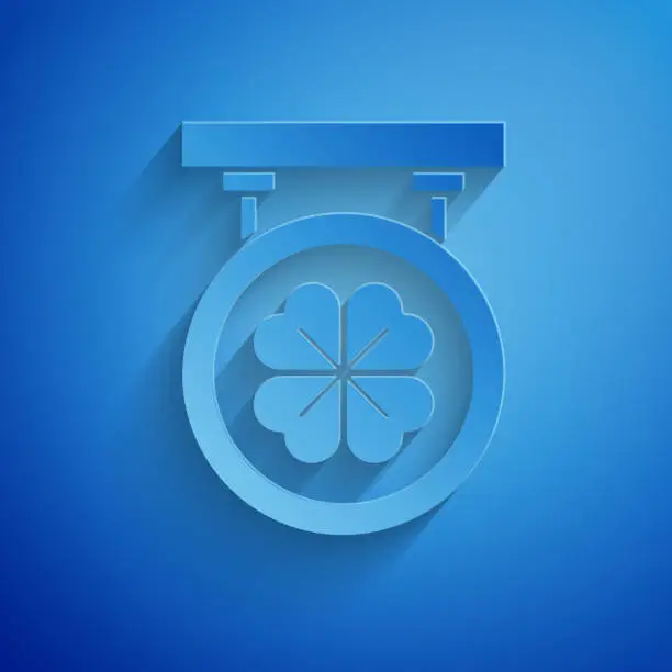 Vector illustration of Paper cut Street signboard with four leaf clover icon isolated on blue background. Suitable for advertisements bar, cafe, pub. Paper art style. Vector Illustration