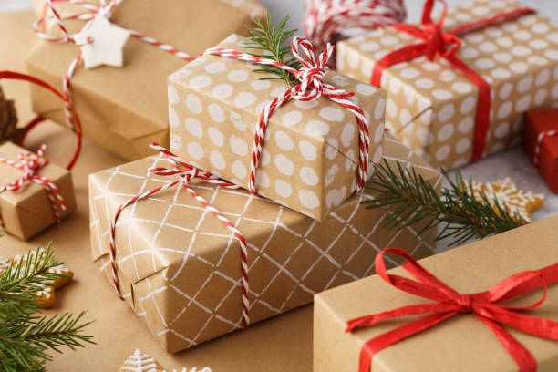 istock Stack of handcrafted gift boxes and decoration for Christmas. 1185186868