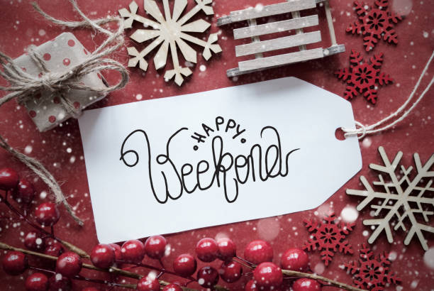 istock Red Christmas Decoration, Label With Happy Weekend 1185186915